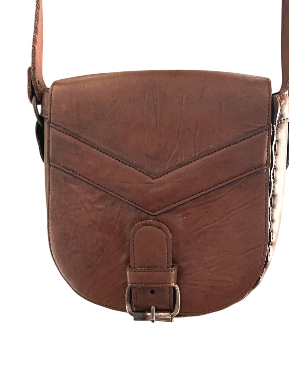 Vintage Rich Reddish Brown Leather Antique Brass Hardware Saddle Shoulder Bag